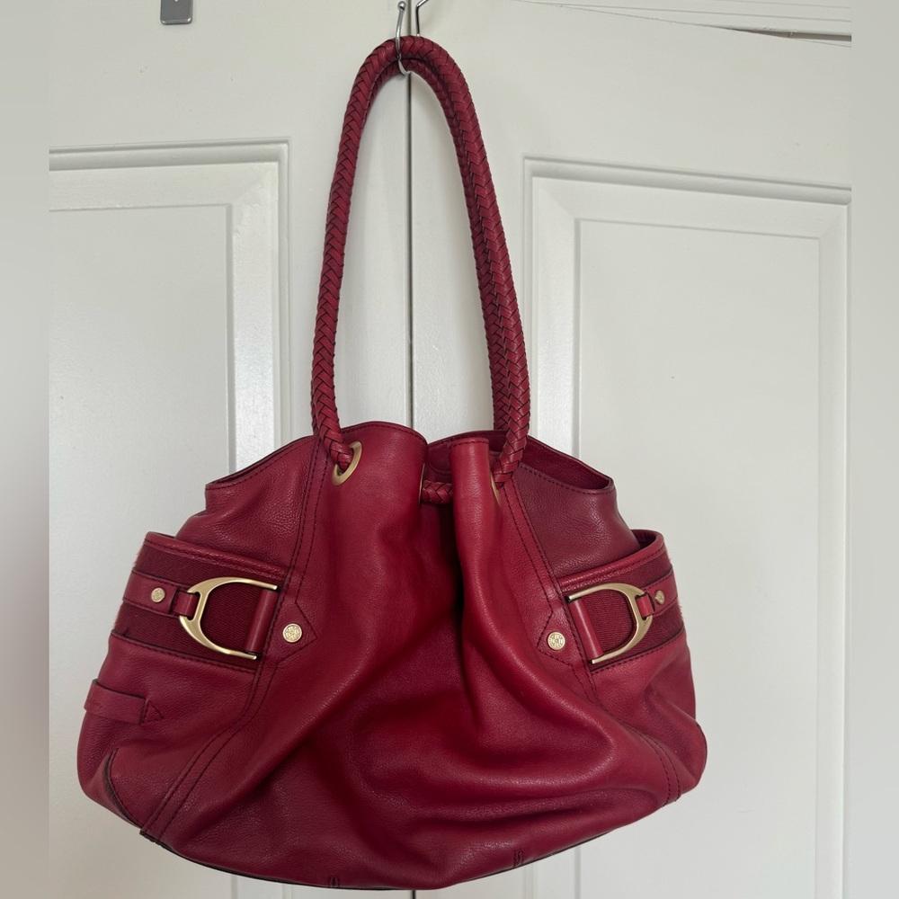 Cole Haan red leather hobo satchel with faux leather braided handles
